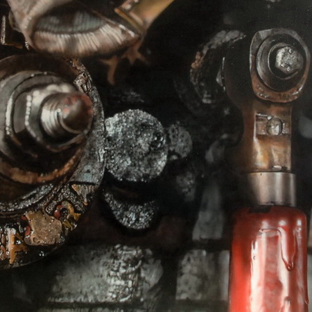 old, oil, vintage, close up, detail, art, canvas, airbrush, photorealistic, handmade, locomotive, engine, steam punk, tamas mike